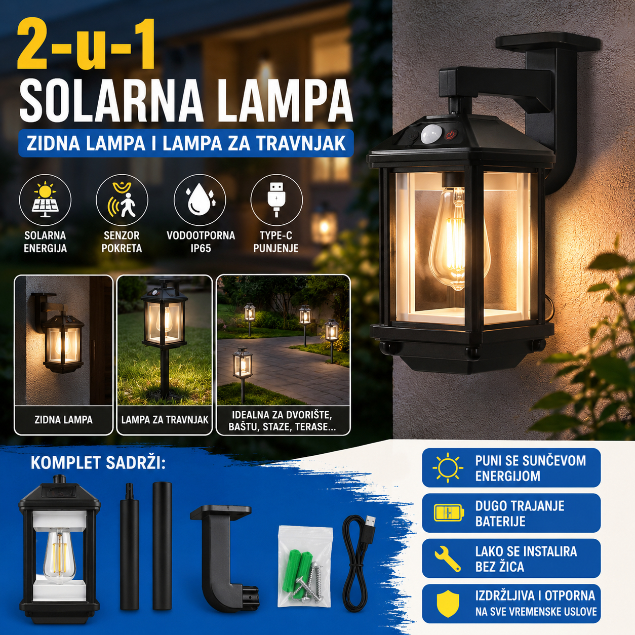 2-u-1 Solarna Zidna i Baštenska Lampa