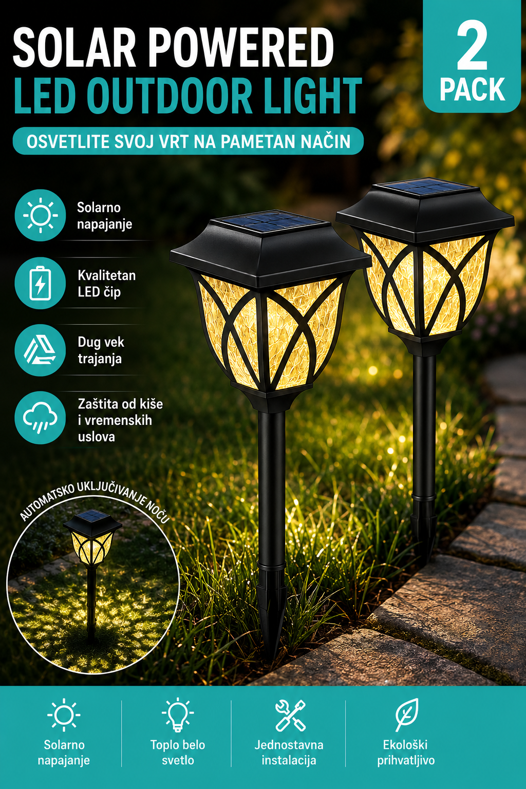 Solarne LED baštenske lampe – 2 komada