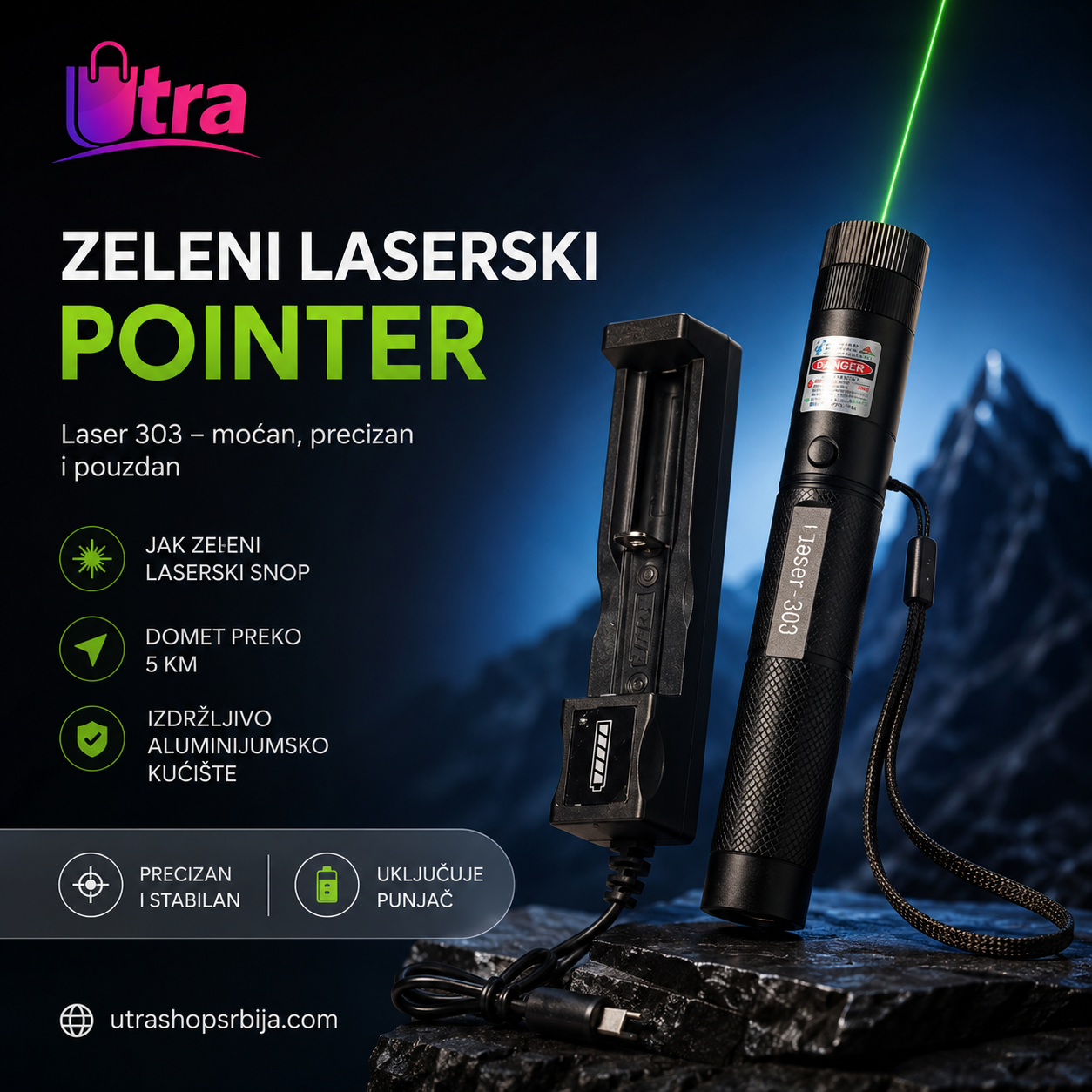 Zeleni laserski pokazivač Laser 303 – Punjenje putem USB-a